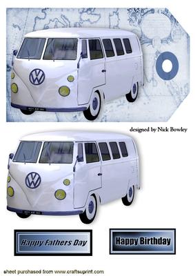 White Volkswagen Camper Van on a Map with Vintage Tag