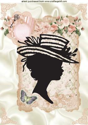 Pretty Silhouette Lady in Bonnet in Peach Rose Frame A4