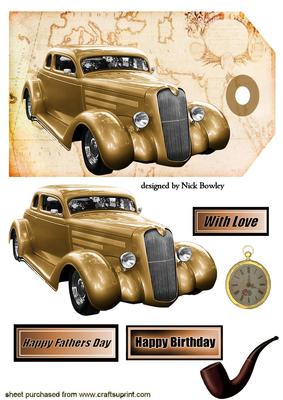 Vintage Car with Pipe and Pocket Watch on a Vintage Tag