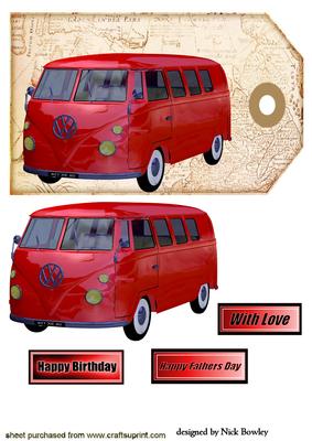 Red Volkswagen Camper Van on Vintage Tag