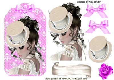 Pretty Lady in Hat on Pink Lace Tag with Rose