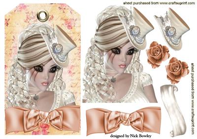 Pretty Blond in Hat with Peach and Pink Rose Tag