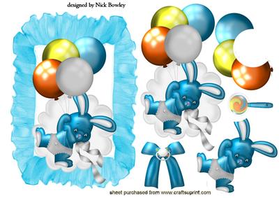Cute Blue Bunny with Balloons in Frill Frame