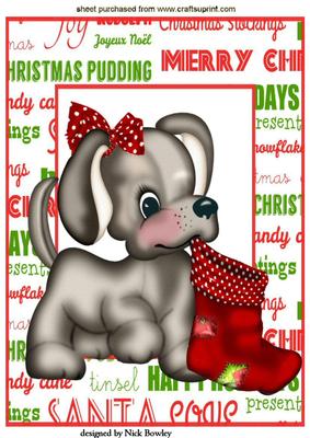 Cute Puppy with Christmas Stocking and Bow A4
