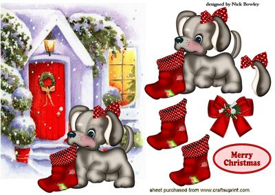 Cute Puppy with Stocking with Snow Cottage