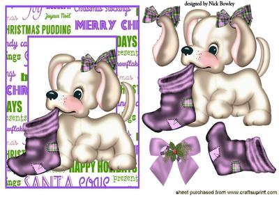 Puppy with Christmas Purple Stocking and Bow