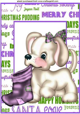 Cute Puppy with Purple Christmas Stocking and Bow A4