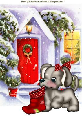 Cute Puppy with Stocking with Snow Cottage A4