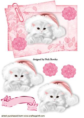 Fluffy White Kitten in Santa Hat on Notepaper