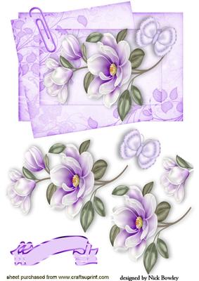 Pretty Lilac Magnolias on Notepaper with Butterfly