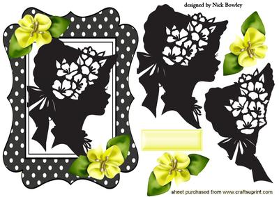 Black Polkadot Frame with Silhouette Lady and Yellow Flowers