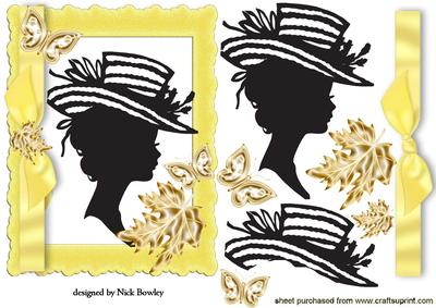Yellow Frame with Bow and Silhouette Lady with Gold Leaves