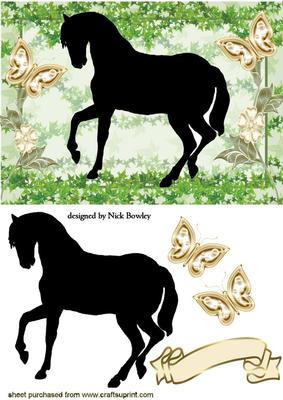 Black Silhouette of a Horse with Gold Butterflies