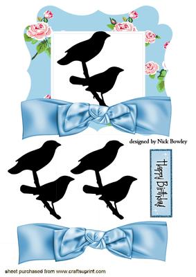Rose Pink and Blue Flower Frame with Silhouette Birds