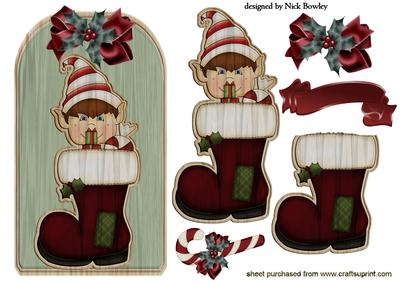 Christmas Elf in Stocking on Wooden Tag with Candy
