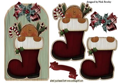 Peeking Gingerbread Man in Stocking on Wooden Tag