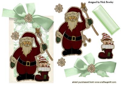 Wooden Santa with Elf in Stocking on a Tag