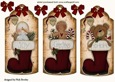 Wooden Christmas Teddy Snowman, in Stockings on Vintage Tags