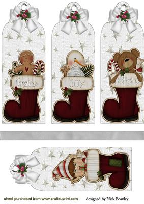 Wooden Teddy & Friends in Stockings on White Snow Tags