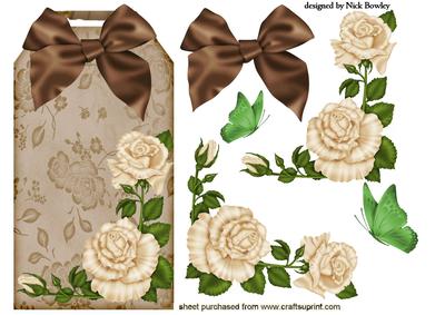 Cream Roses with Brown Bow on a Tag with Butterflies