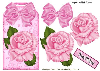 Pink Roses and Bow on Floral Tag