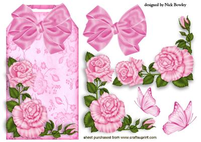 Pink Roses, Butterflies and Bow on Floral Tag