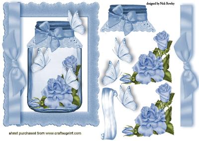 Pretty Blue Roses and Butterflies in a Bow Jar