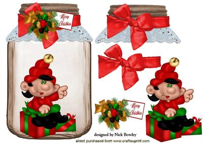 Santas Elf in a Jar with Present and Big Bow