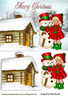 Girl with Her Snowman with Snowy Cottage