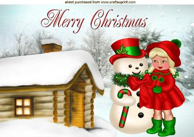 Girl with Her Snowman with Snowy Cottage A4