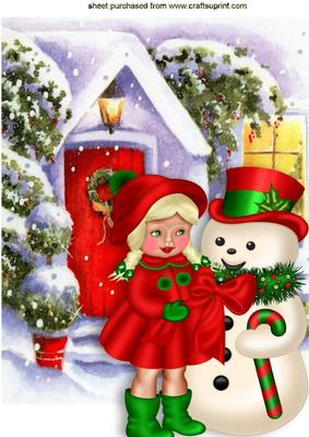 Little Girl in Her Red Coat with Snowman A4