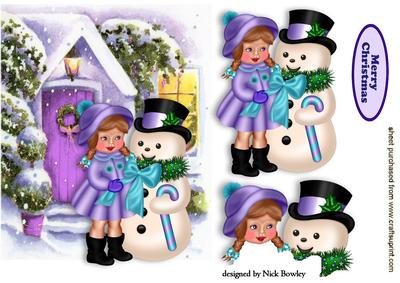 Little Girl in Her Purple Coat with Snowman