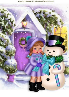 Little Girl in Her Purple Coat with Snowman A4