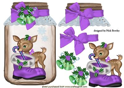 Deer with Purple Santa Boot in a Jar with Bells and Big Bow