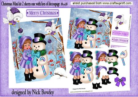 Lovely Little Girl with Snowman and Robin Mini Kit 8x8