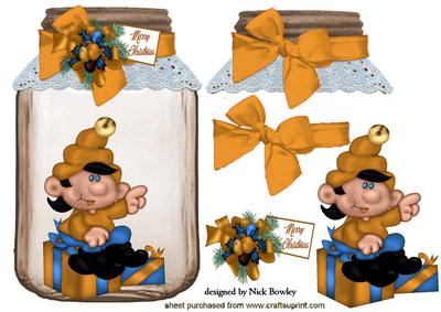 Santas Elf in Gold with Present in Jar with Big Bow