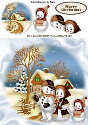 Snowman Family in Autumn/winter Snow Scene 8x8