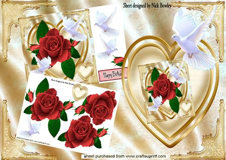 Beautiful Hand Painted Red Roses on Gold Heart & Dove 8x8