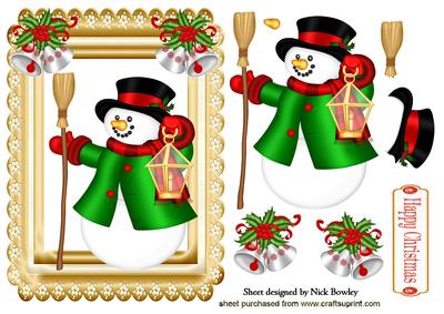 Christmas Snowman with Bells in Ornate Frame
