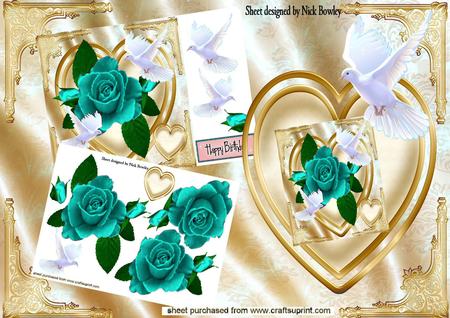 Hand Painted Turq Roses & Doves on a Heart 8x8 Mini Kit