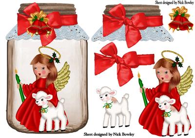 Christmas Angel with Little Lamb in a Jar with Bells
