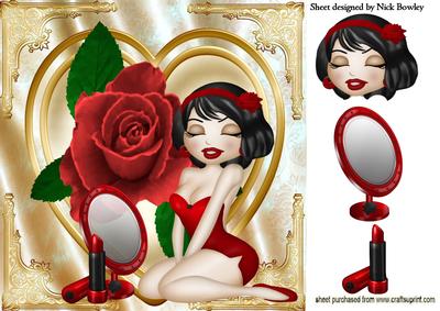 Cute Little Lady with Lippy, Red Rose on Heart 8x8