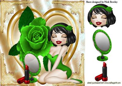 Cute Little Lady with Lippy, Green Rose on Heart 8x8