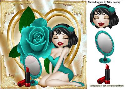 Cute Little Lady with Lippy, Turq Rose on Heart 8x8