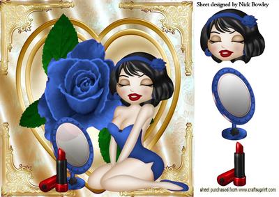 Cute Little Lady with Lippy, Blue Rose on Heart 8x8