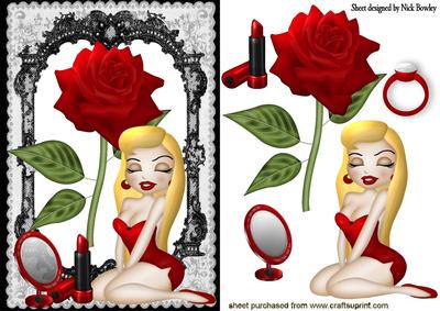 Blond Babe! with Red Rose and Lippy in Black Lace Frame