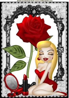 Blond Babe! with Red Rose and Lippy in Black Lace Frame A4