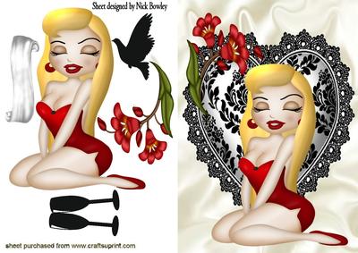 Blond Babe on Black Lace Heart with Flowers