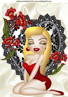Blond Babe on Black Lace Heart with Flowers A4