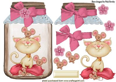 Cute Kitty with Playful Mice in a Jar with Bow